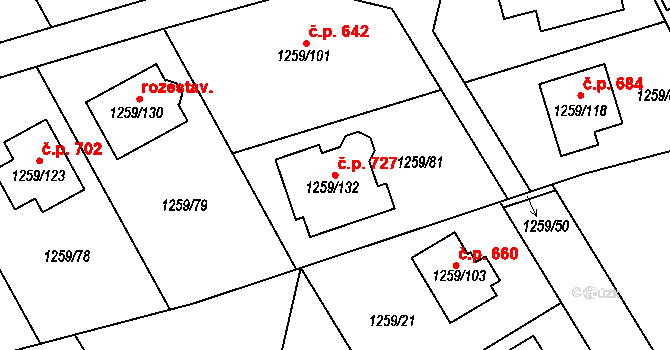 Proboštov 727 na parcele st. 1259/132 v KÚ Proboštov u Teplic, Katastrální mapa