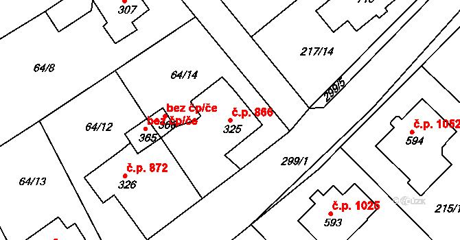 Rudná 866 na parcele st. 325 v KÚ Hořelice, Katastrální mapa
