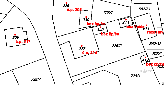 Ledce 214 na parcele st. 227 v KÚ Ledce u Plzně, Katastrální mapa