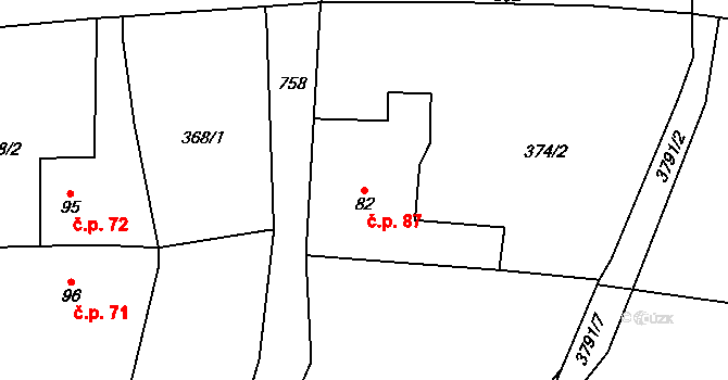 Jaroměř 7299931 na parcele st. 82 v KÚ Semonice, Katastrální mapa