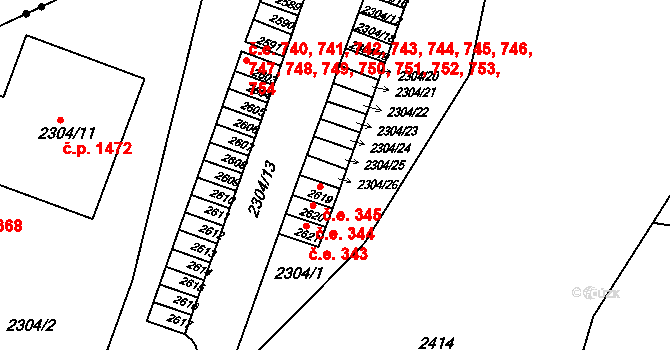 Husovice 130,131,132,133,134,, Brno na parcele st. 2304/26 v KÚ Husovice, Katastrální mapa