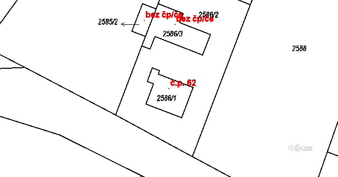 Vodná 62, Kamenice nad Lipou na parcele st. 2586/1 v KÚ Kamenice nad Lipou, Katastrální mapa