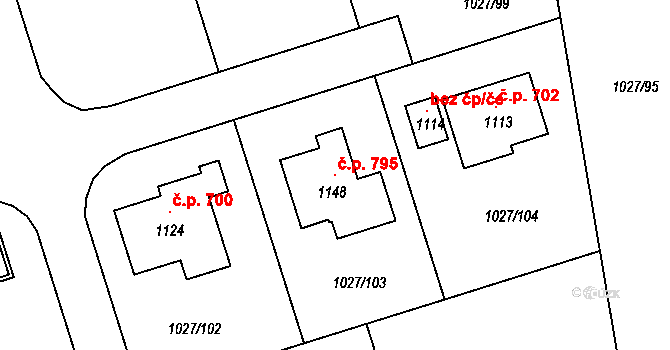 Prštné 795, Zlín na parcele st. 1148 v KÚ Prštné, Katastrální mapa