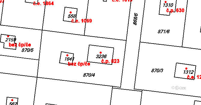 Litice 823, Plzeň na parcele st. 3236 v KÚ Valcha, Katastrální mapa