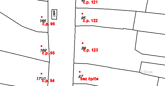 Postoupky 123, Kroměříž na parcele st. 89 v KÚ Miňůvky, Katastrální mapa