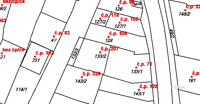 Přímětice 207, Znojmo na parcele st. 133/2 v KÚ Přímětice, Katastrální mapa