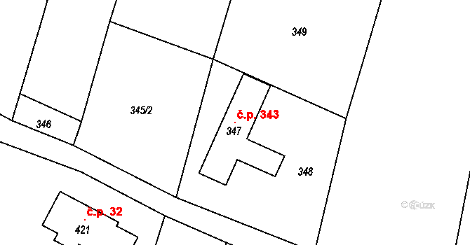 Hrachovec 343, Valašské Meziříčí na parcele st. 347 v KÚ Hrachovec, Katastrální mapa