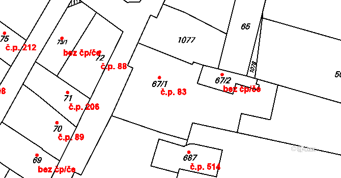 Rožďalovice 83 na parcele st. 67/1 v KÚ Rožďalovice, Katastrální mapa