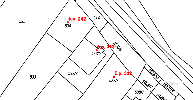 Tetčice 313 na parcele st. 532/5 v KÚ Tetčice, Katastrální mapa