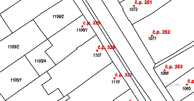 Šardice 328 na parcele st. 1107 v KÚ Šardice, Katastrální mapa