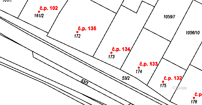 Troubky 134, Troubky-Zdislavice na parcele st. 173 v KÚ Troubky, Katastrální mapa
