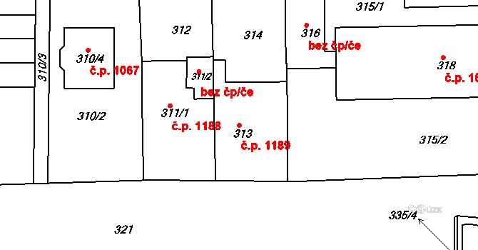 Slavkov u Brna 1189 na parcele st. 313 v KÚ Slavkov u Brna, Katastrální mapa