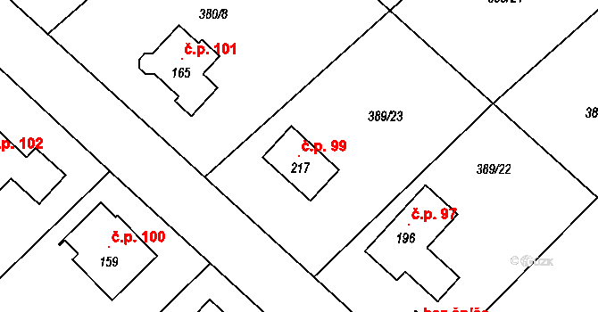 Hrušovany 99 na parcele st. 217 v KÚ Hrušovany u Chomutova, Katastrální mapa