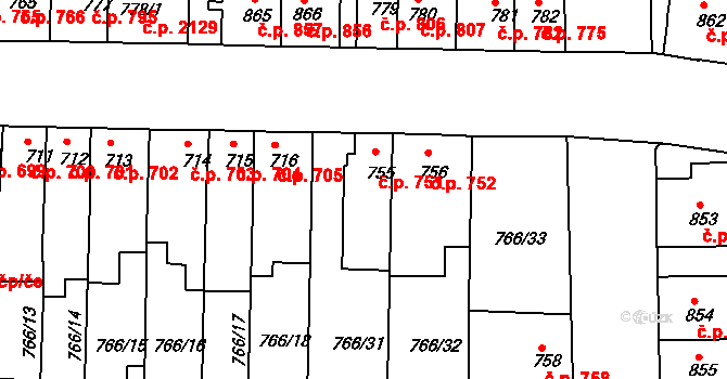 Blansko 751 na parcele st. 755 v KÚ Blansko, Katastrální mapa