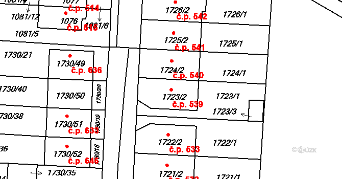 Batelov 539 na parcele st. 1723/2 v KÚ Batelov, Katastrální mapa