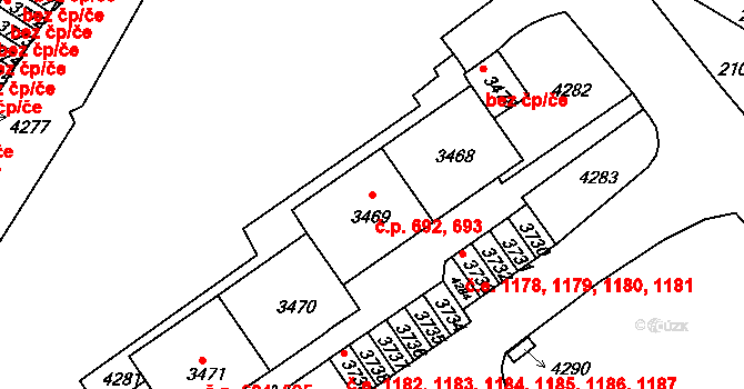 Komín 692,693, Brno na parcele st. 3469 v KÚ Komín, Katastrální mapa