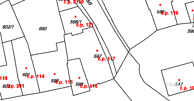 Pelhřimov 117 na parcele st. 597 v KÚ Pelhřimov, Katastrální mapa