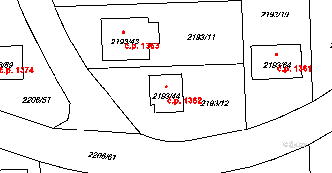 Pelhřimov 1362 na parcele st. 2193/44 v KÚ Pelhřimov, Katastrální mapa