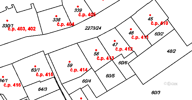 Cheb 413 na parcele st. 58 v KÚ Cheb, Katastrální mapa