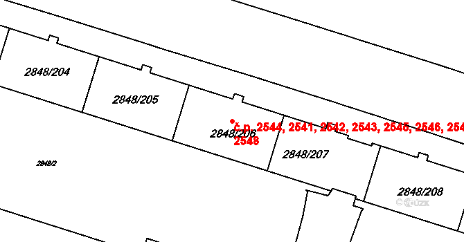 Záběhlice 2541,2542,2543,2544,, Praha na parcele st. 2848/206 v KÚ Záběhlice, Katastrální mapa