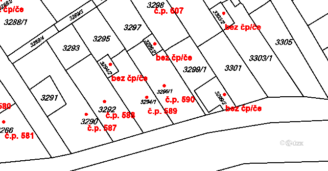 Jirkov 590 na parcele st. 3296/1 v KÚ Jirkov, Katastrální mapa