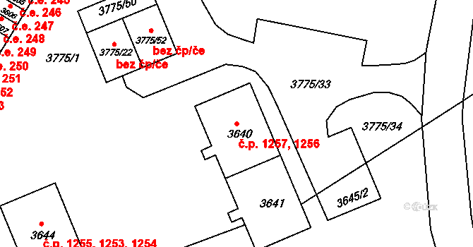 Jirkov 1256,1257 na parcele st. 3640 v KÚ Jirkov, Katastrální mapa