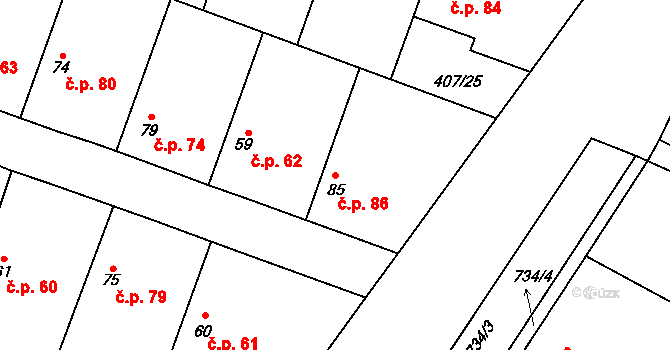 Vrbová Lhota 86 na parcele st. 85 v KÚ Vrbová Lhota, Katastrální mapa