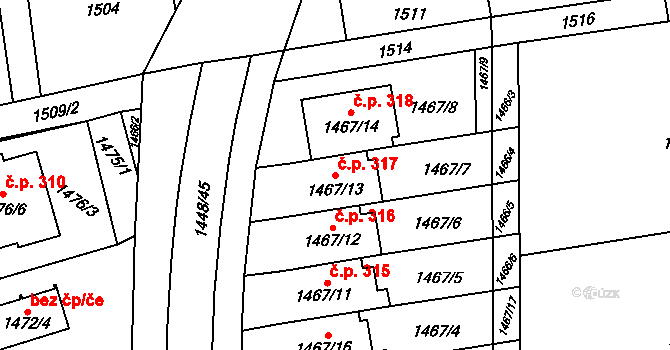 Šumbark 317, Havířov na parcele st. 1467/13 v KÚ Šumbark, Katastrální mapa