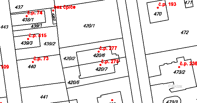 Šeberov 277, Praha na parcele st. 420/6 v KÚ Šeberov, Katastrální mapa
