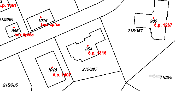 Rudná 1316 na parcele st. 954 v KÚ Hořelice, Katastrální mapa