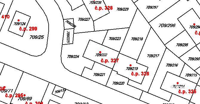 Popůvky 327 na parcele st. 709/222 v KÚ Popůvky u Brna, Katastrální mapa