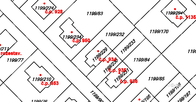Vejprnice 934 na parcele st. 1199/229 v KÚ Vejprnice, Katastrální mapa