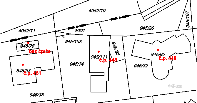 Podolí 448 na parcele st. 945/111 v KÚ Podolí u Brna, Katastrální mapa
