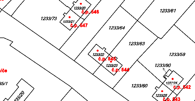 Hrušov 545, Ostrava na parcele st. 1233/22 v KÚ Hrušov, Katastrální mapa