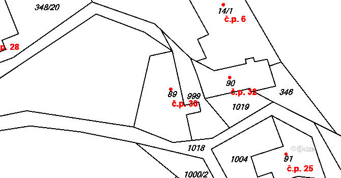 Růžená 30, Chyšky na parcele st. 89 v KÚ Nosetín, Katastrální mapa
