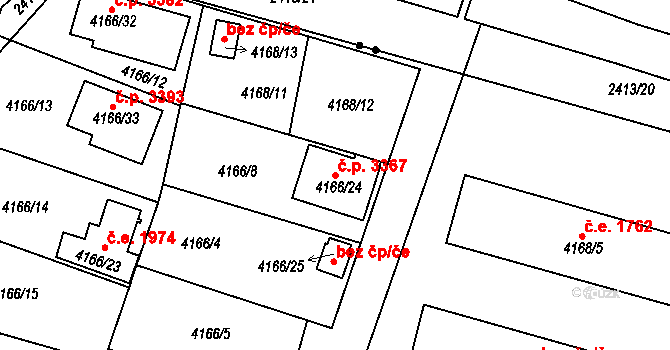 Teplice 3367 na parcele st. 4166/24 v KÚ Teplice, Katastrální mapa