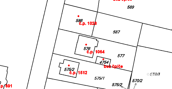 Čelákovice 1064 na parcele st. 576 v KÚ Čelákovice, Katastrální mapa