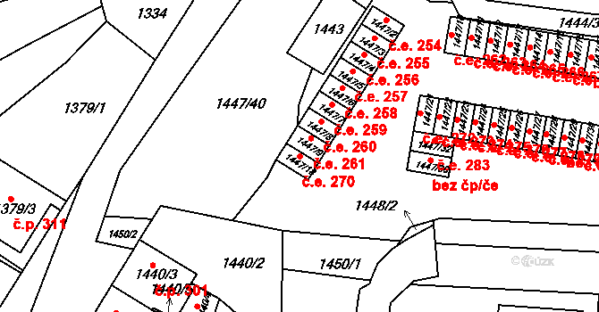 Židlochovice 270 na parcele st. 1447/18 v KÚ Židlochovice, Katastrální mapa