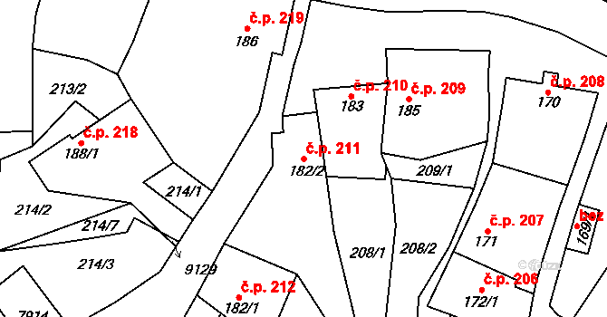 Dambořice 211 na parcele st. 182/2 v KÚ Dambořice, Katastrální mapa