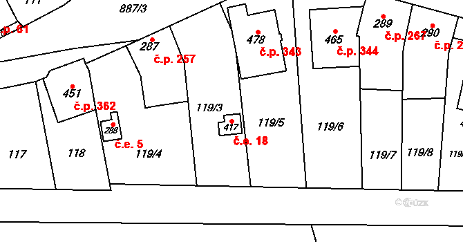 Slatinice 18 na parcele st. 417 v KÚ Slatinice na Hané, Katastrální mapa