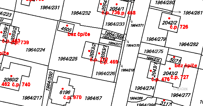 Borovina 469, Třebíč na parcele st. 2053/1 v KÚ Třebíč, Katastrální mapa