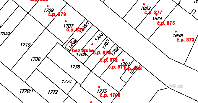 Černá Pole 872, Brno na parcele st. 1703 v KÚ Černá Pole, Katastrální mapa