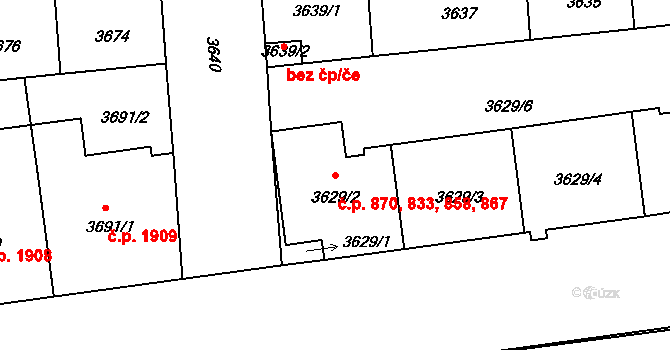 Žižkov 833,858,867,870, Praha na parcele st. 3629/2 v KÚ Žižkov, Katastrální mapa