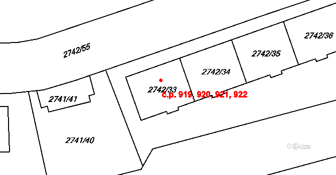 Hostivař 919,920,921,922, Praha na parcele st. 2742/33 v KÚ Hostivař, Katastrální mapa
