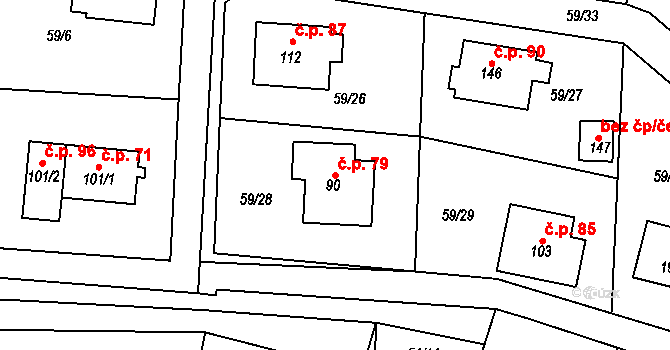 Dolní Hbity 79 na parcele st. 90 v KÚ Dolní Hbity, Katastrální mapa