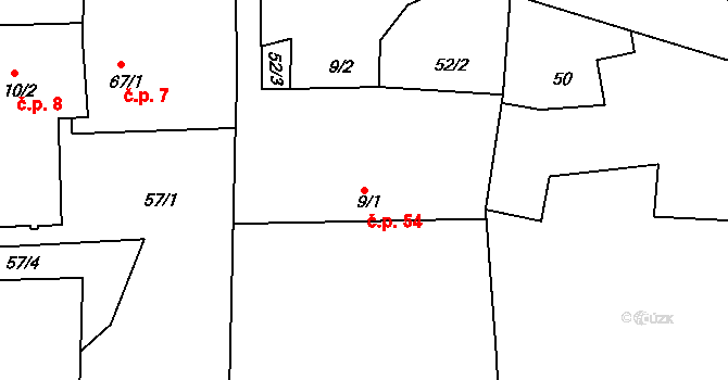 Káciň 54, Dolní Hbity na parcele st. 9/1 v KÚ Káciň, Katastrální mapa