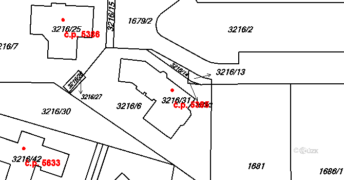 Chomutov 5385 na parcele st. 3216/31 v KÚ Chomutov II, Katastrální mapa