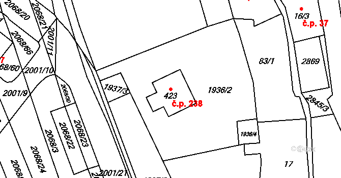 Sehradice 238 na parcele st. 423 v KÚ Sehradice, Katastrální mapa