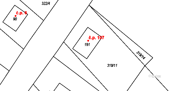 Žermanice 107 na parcele st. 191 v KÚ Žermanice, Katastrální mapa