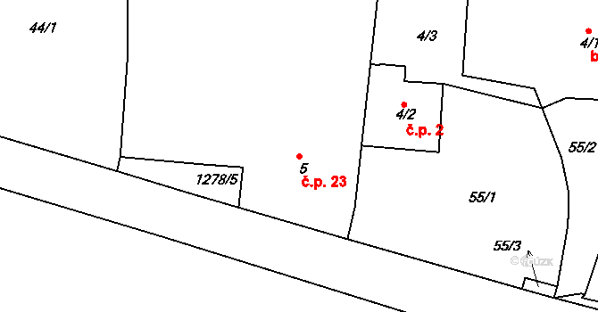 Třešně 23, Záhoří na parcele st. 5 v KÚ Třešně u Záhoří, Katastrální mapa